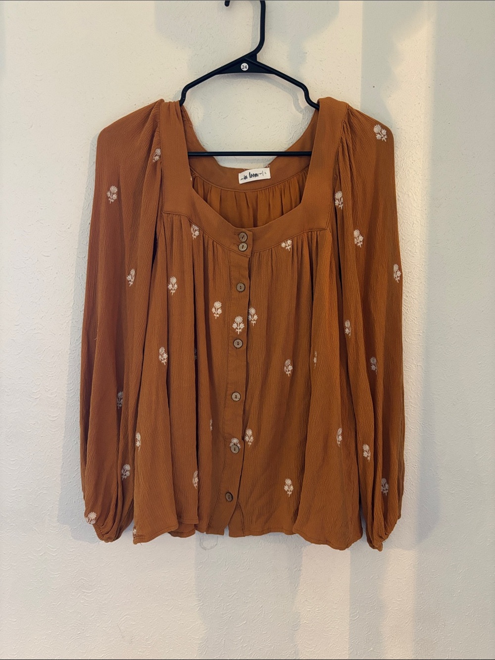 Boho Button-Front Peasant Blouse in Rust Brown